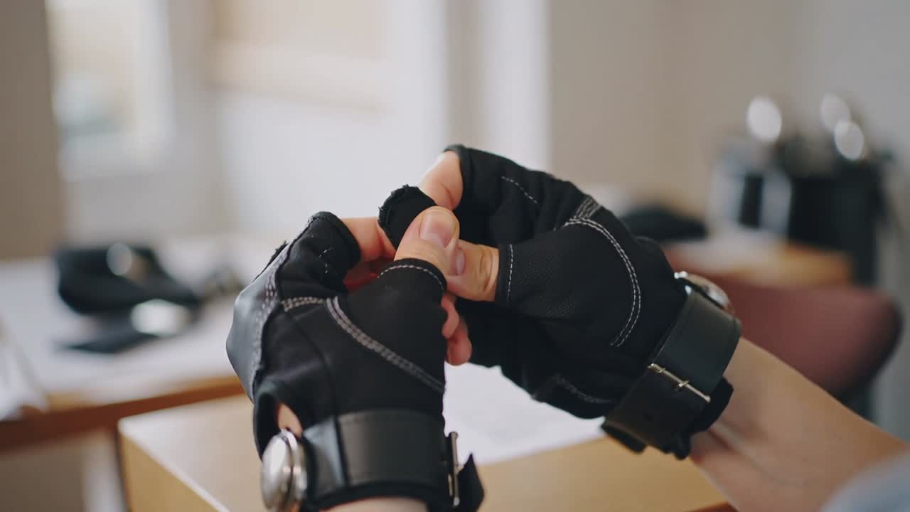 Behandschuhte Hände ziehen schwarzen Streifen vom Daumen ab, nach linkshändigem Halten am Heimtisch, mit Box.