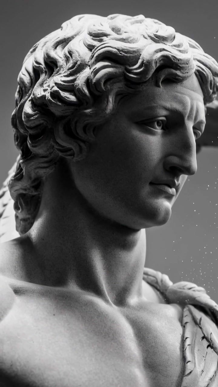Video verticale: La telecamera panoramica su un busto di marmo che mostra capelli ricci e polvere, catturando la forma in studio.