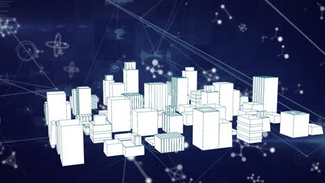 animación de la red de conexiones y moléculas sobre la ciudad digital en fondo azul
