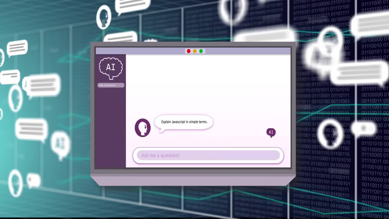 animación de chat artificial y procesamiento de datos en el portátil sobre fondo verde