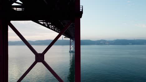 aerial footage of the steel structure of a suspension bridge