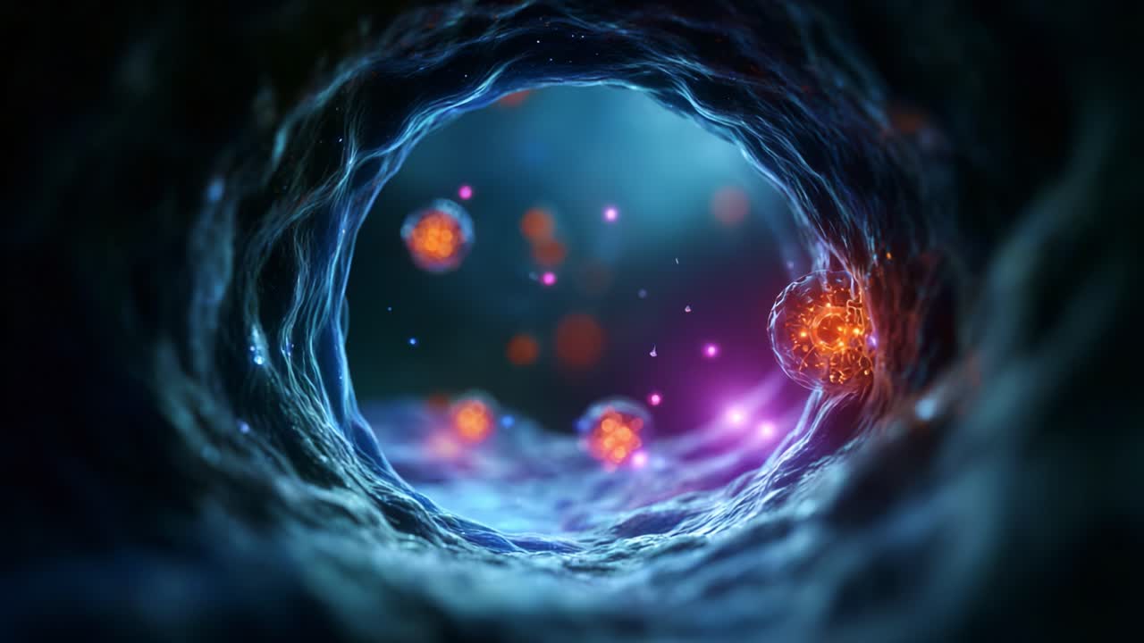 A Stunning Exploration Inside a Cellular Structure Showcasing Colorful Particles and Illuminated Features Within a DNA-Like Environment