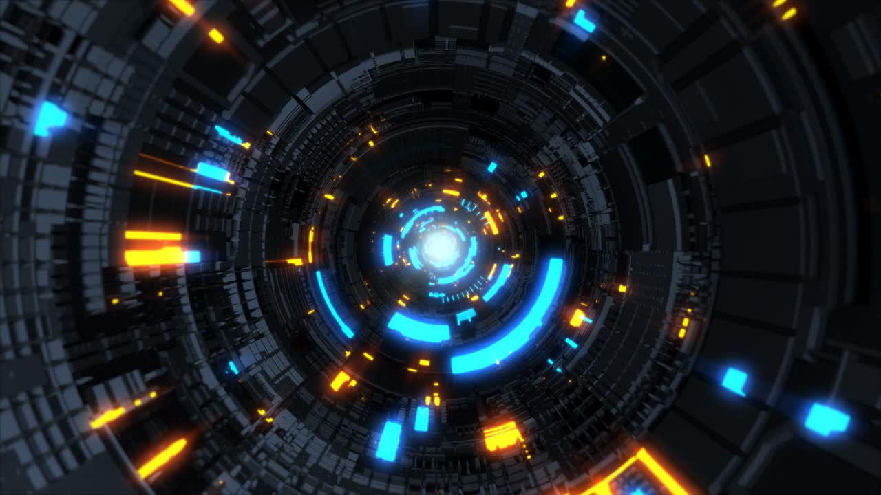 Tunnel di astronave luminoso fantascientifico futuristico con volo attraverso - Animazione di sfondo in movimento in loop continuo 4K