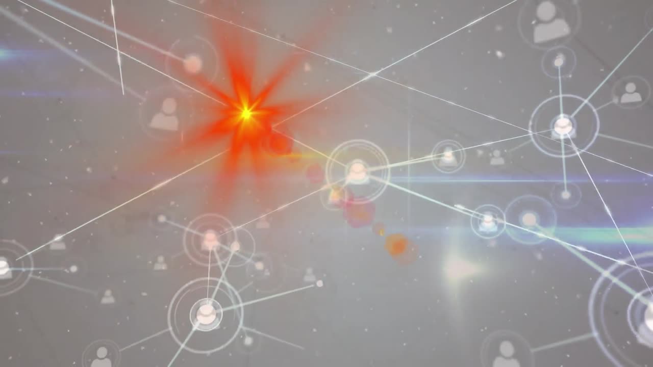 색 바탕에 빛의 흔적 위에 아이콘으로 연결 네트워크의 애니메이션