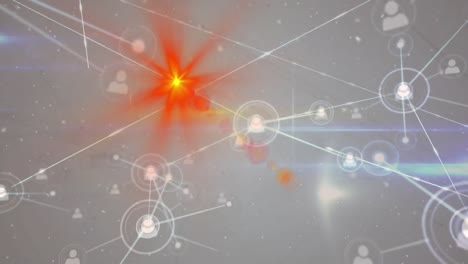 animation of network of connections with icons over light trails on white background