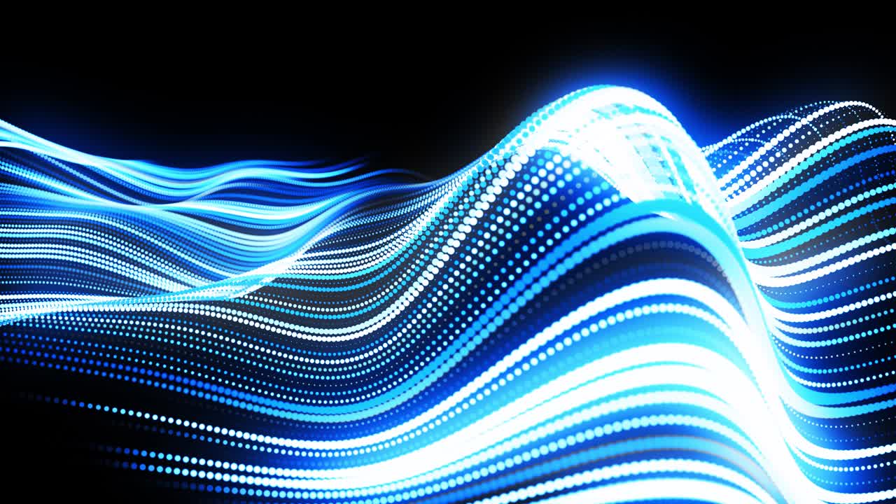 fondo de bucle 3d abstracto con partículas de brillo azul forman líneas curvas y líneas forman la estructura de la superficie en el espacio 3d. bucle vj festivo con partículas. fondo de diseño de movimiento