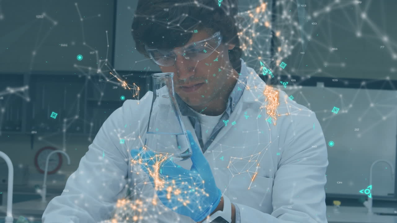 animación del procesamiento de datos científicos sobre un científico caucásico masculino en el laboratorio