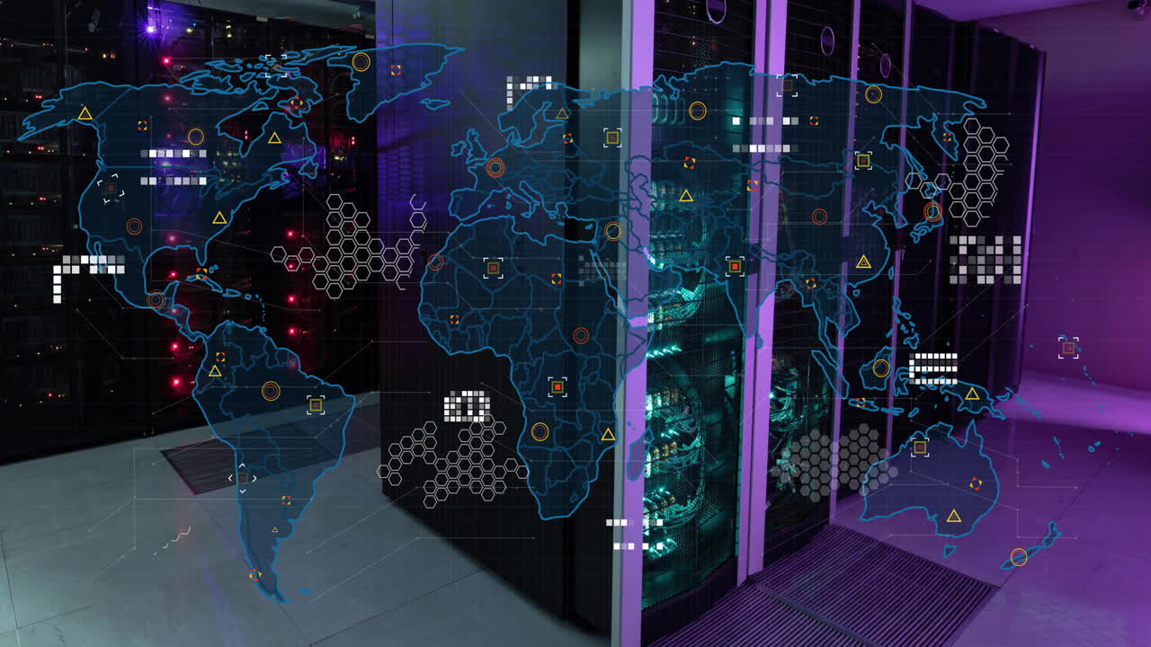 Animation of circuit board pattern on map over data server racks in server room
