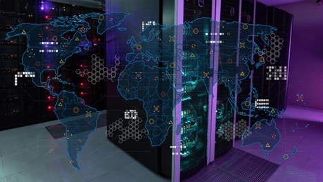 Animation-of-circuit-board-pattern-on-map-over-data-server-racks-in-server-room