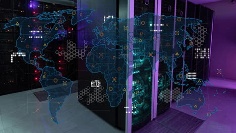 animation of circuit board pattern on map over data server racks in server room