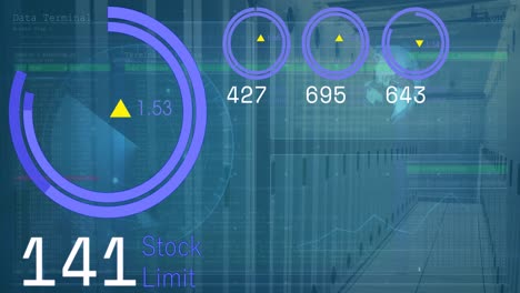 Animation of digital data processing and digital interface and grid over blue background