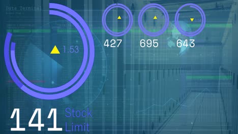 animation of digital data processing and digital interface and grid over blue background