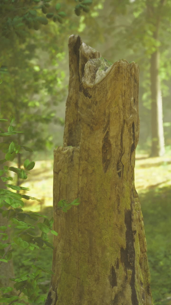Tall tree stump surrounded by vibrant green forest in soft morning light