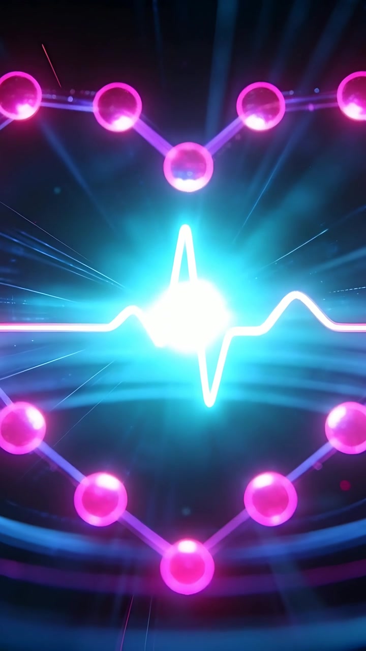 Dikey video: Parlayan camgöbeği çekirdek, kıvılcımlar saçan neon kalp, atan macenta küreler ve neon uzayda EKG