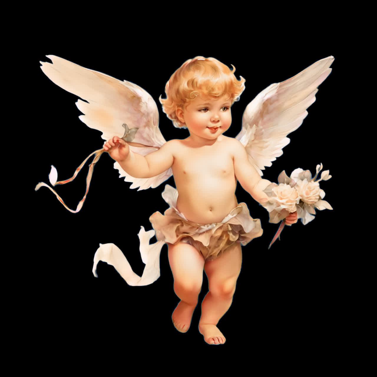 Cherubic angel holding flowers animation isolated asset, transparent 4K video, alpha channel, ProRes