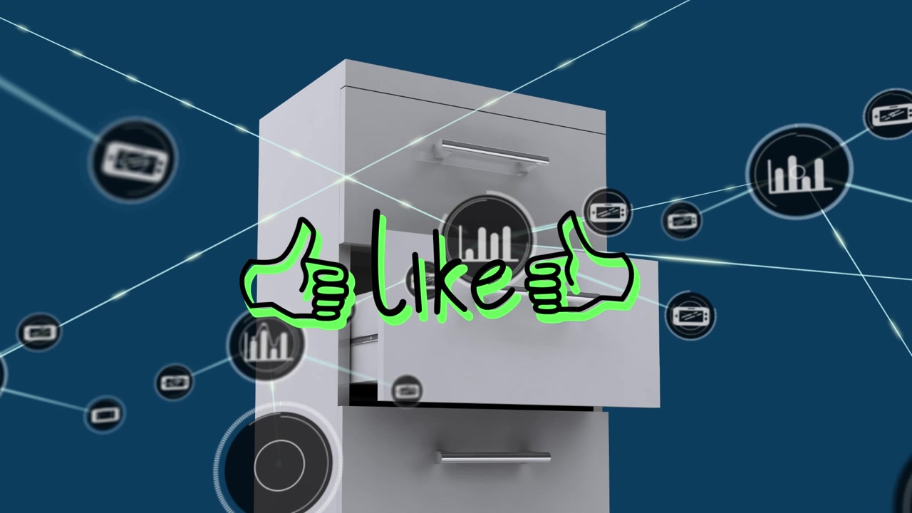 Animazione di una rete di connessioni su testo e armadietto.