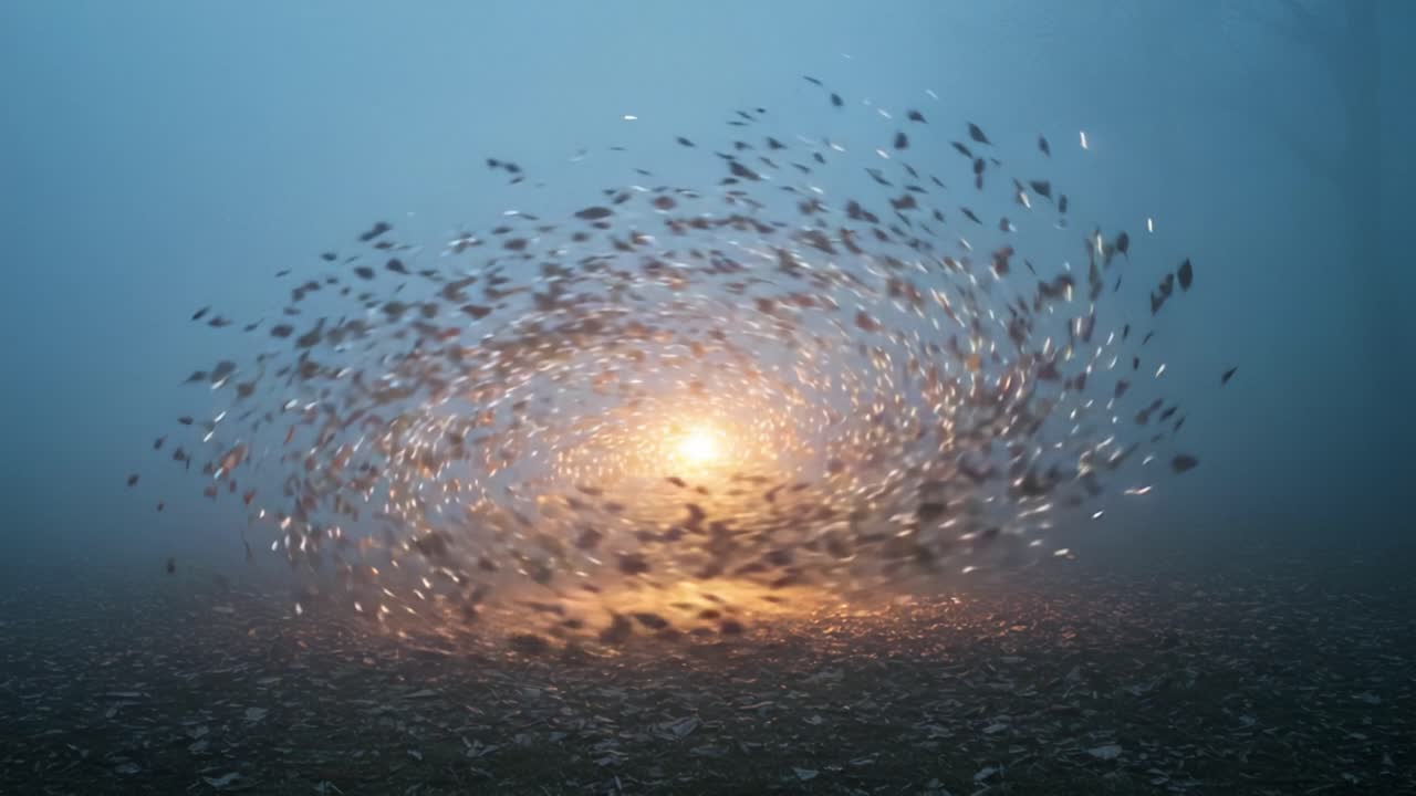 A Mystical Display of Light and Movement: A Swirling Formation of Leaves with a Glowing Orb in a Foggy Landscape Capturing Nature's Enchantment