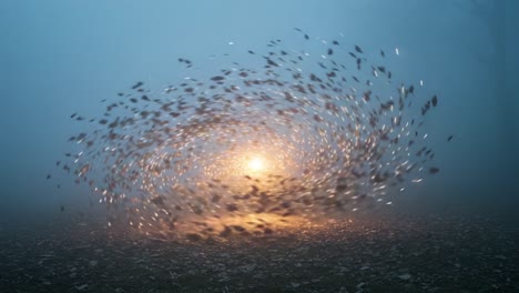 a mystical display of light and movement: a swirling formation of leaves with a glowing orb in a foggy landscape capturing nature's enchantment