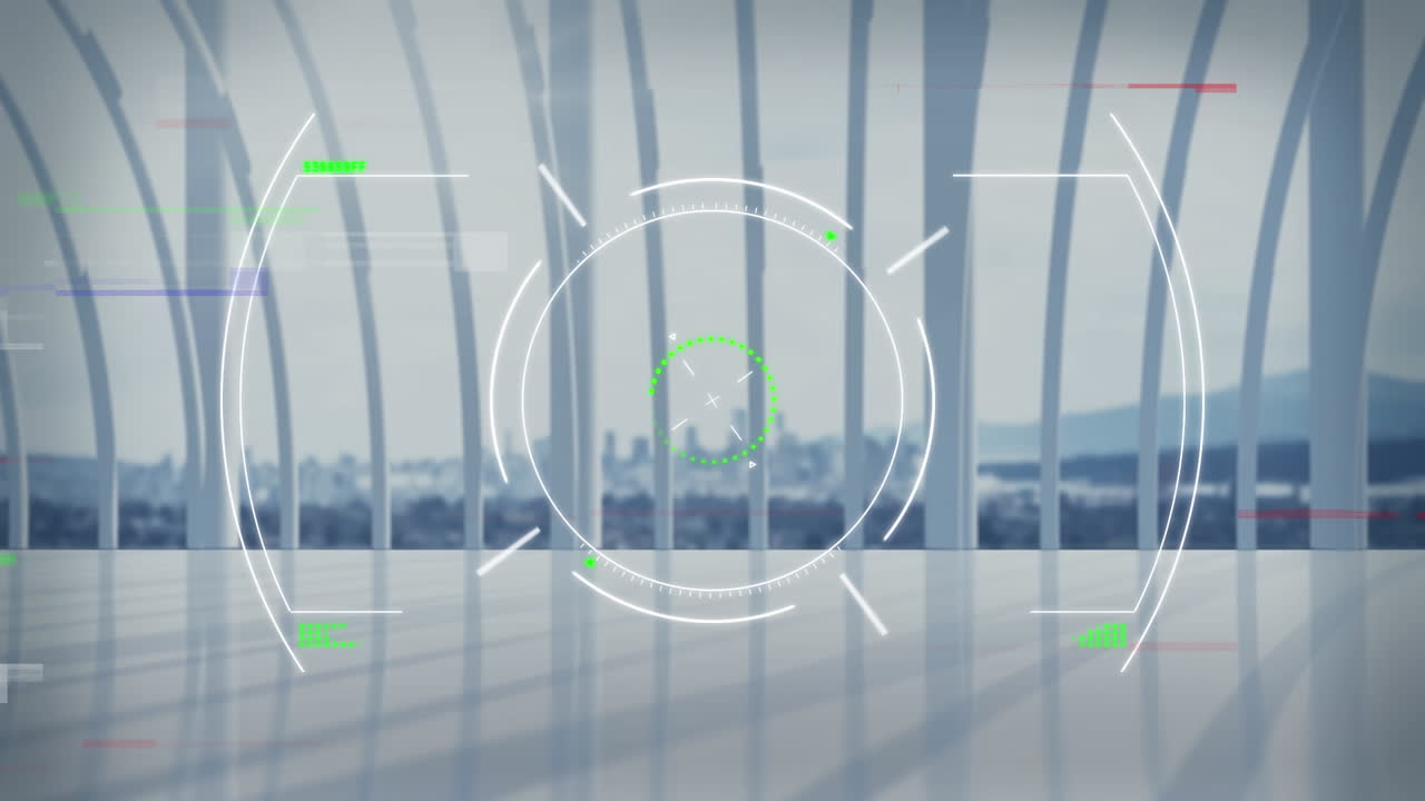 현대적인 건물과 도시 풍경에 대한 범위 및 데이터 처리의 애니메이션