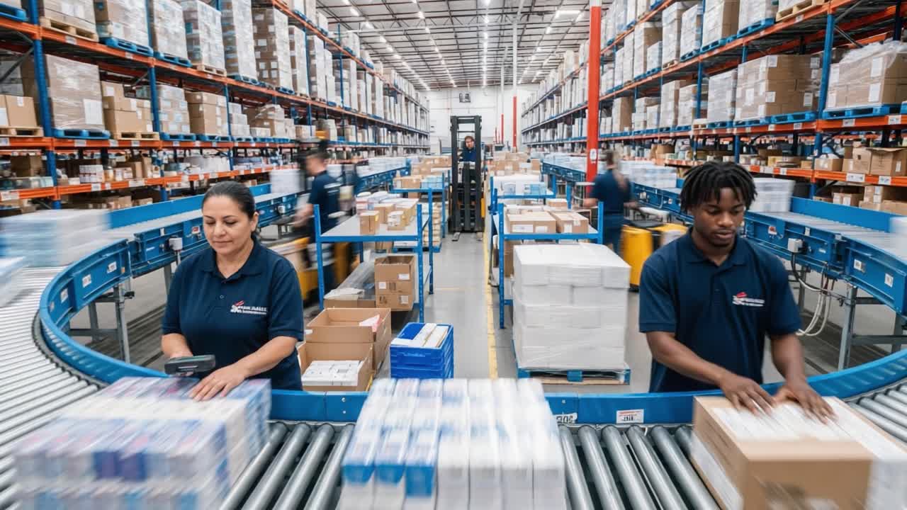 Workers sorting packages on a conveyor belt in a large logistics warehouse