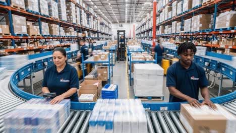 workers sorting packages on a conveyor belt in a large logistics warehouse