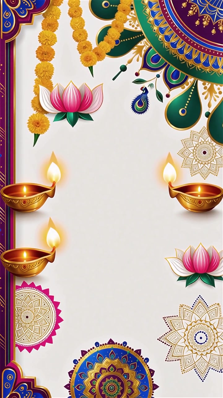 Sfondo Diwali con Diyas luminosi, Rangoli e fiori di loto