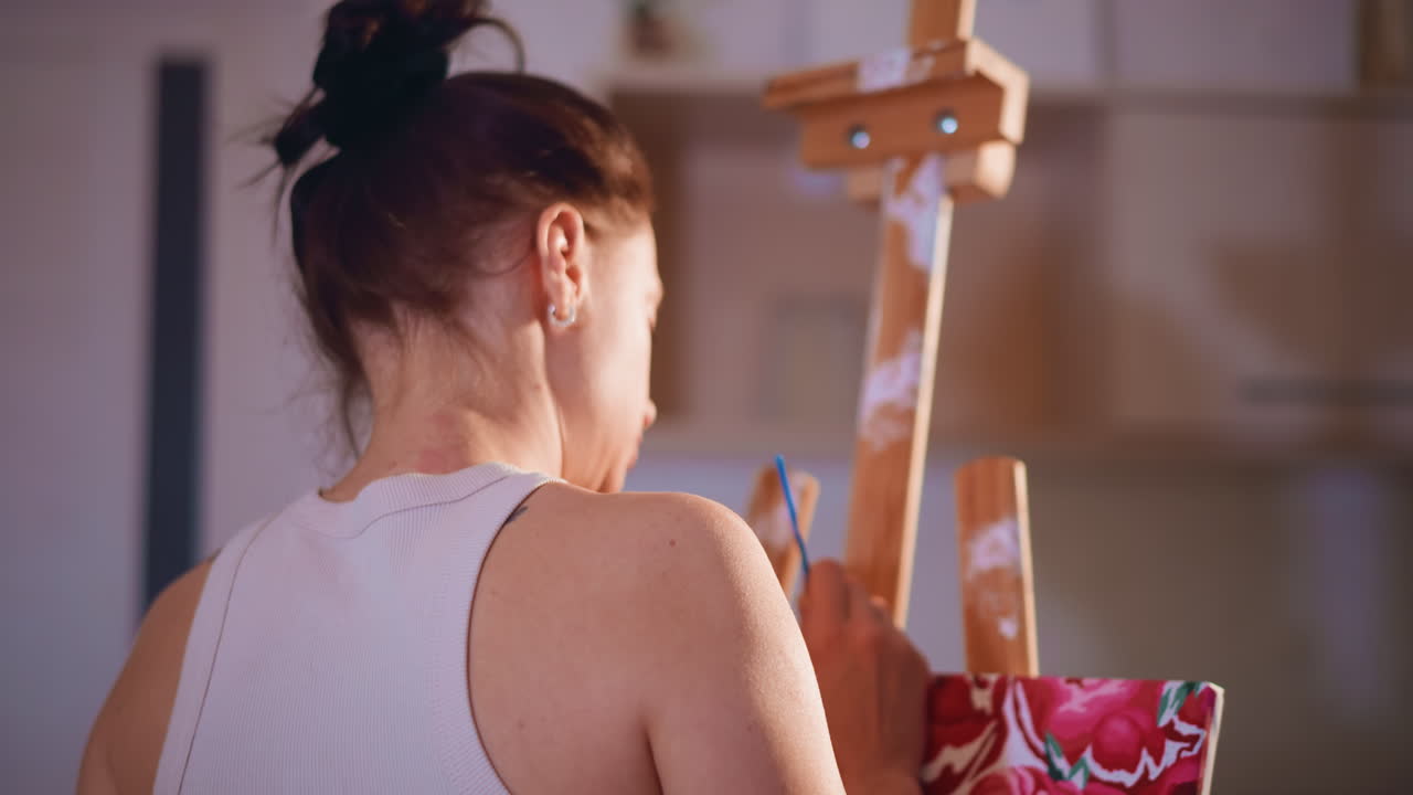 Painting Refinement Under Gentle Lighting, Student Enhances Artwork On Canvas With Care, Dedicated Art Learner Improving Their Painting Carefully By Soft Illumination And Steady Strokes