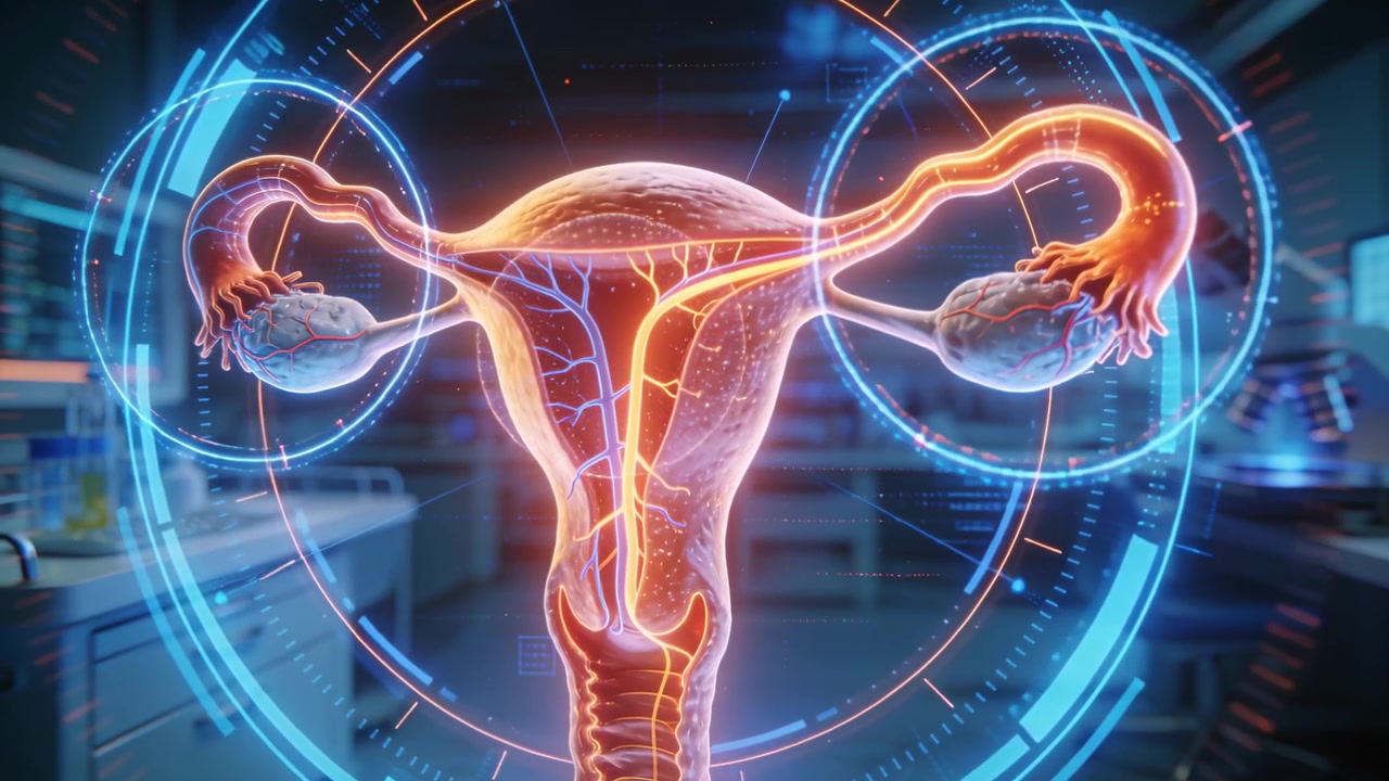 Activation des anneaux HUD, modèle holographique d'utérus révélant les lignes vasculaires et scannant les ovaires en laboratoire