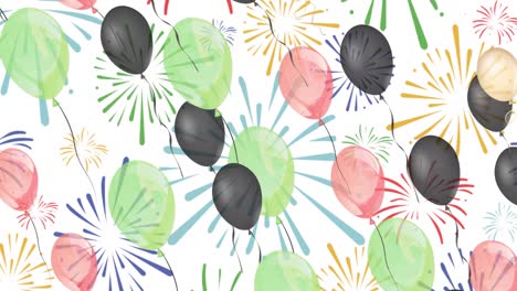 Animation-of-illustration-of-party-balloons-moving-over-firework-explosions-on-white-background