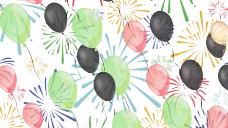 Animación-De-Ilustración-De-Globos-De-Fiesta-Moviéndose-Sobre-Explosiones-De-Fuegos-Artificiales-Sobre-Fondo-Blanco