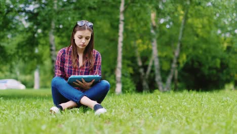 una estudiante que se prepara para los exámenes se sienta en un césped en el parque disfruta de un video de tableta hd