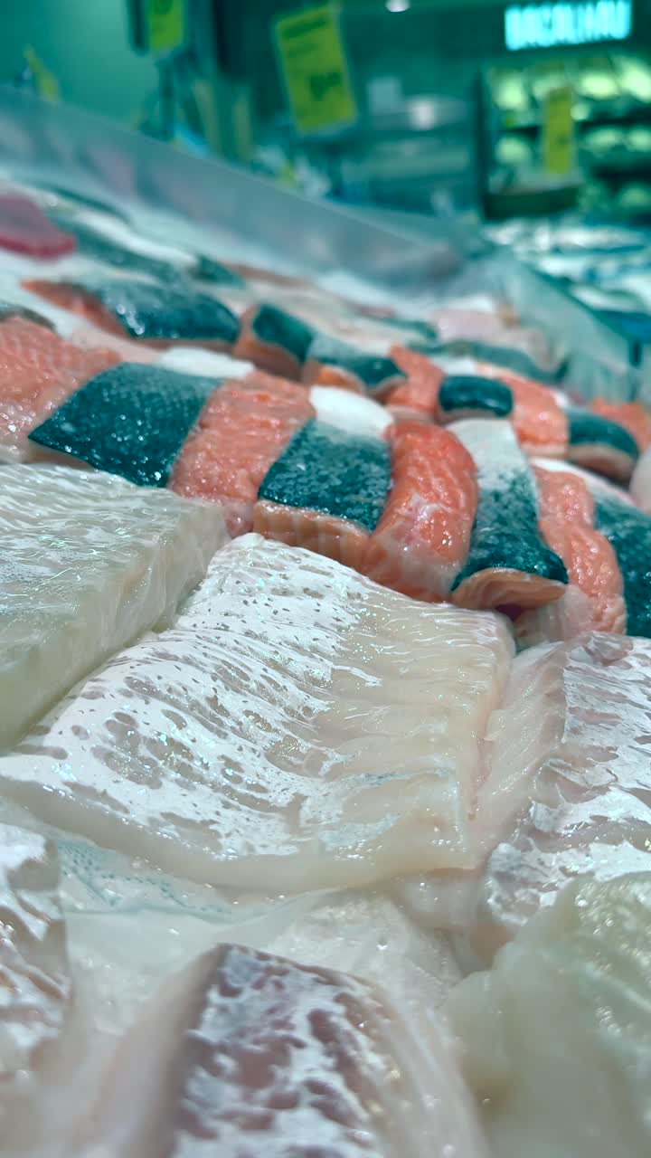 Fresh Fish and Fish Patties Display in a Supermarket