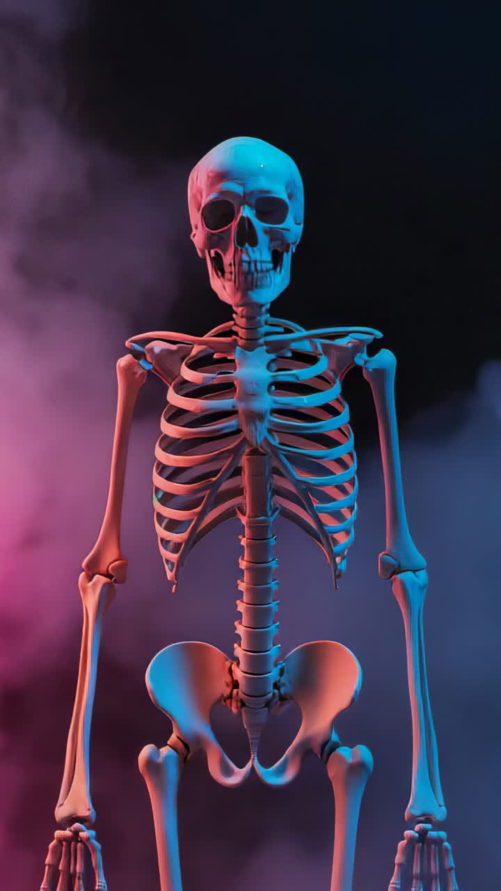 Vertical video: Shifting colored fog revealing human skeleton model at center of mist-filled studio