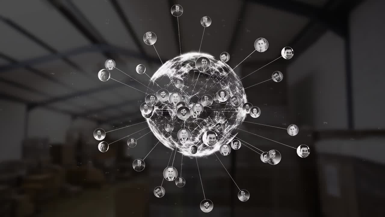 Animation of globe and network of connections with people's photos over warehouse