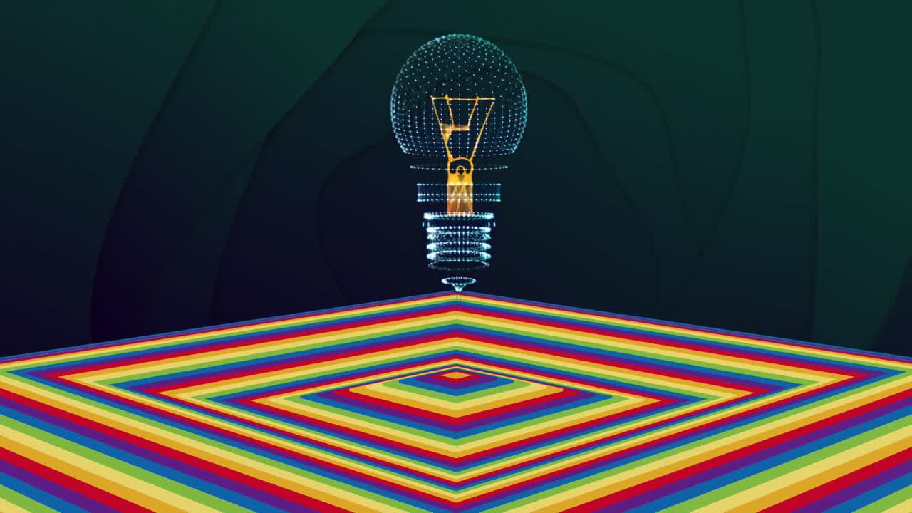 어두운 배경으로 움직이는 색의 사각형 표면 위에 전구의 애니메이션