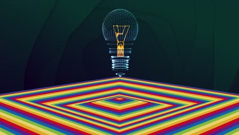 animación de la bombilla sobre una superficie cuadrada de color en movimiento con fondo oscuro