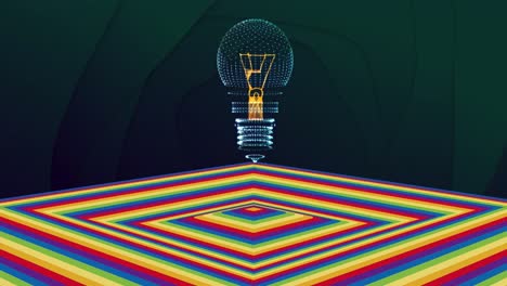 animation of bulb over moving coloured square surface with dark background