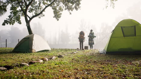 Women-friends,-walk-and-camping-in-outdoor