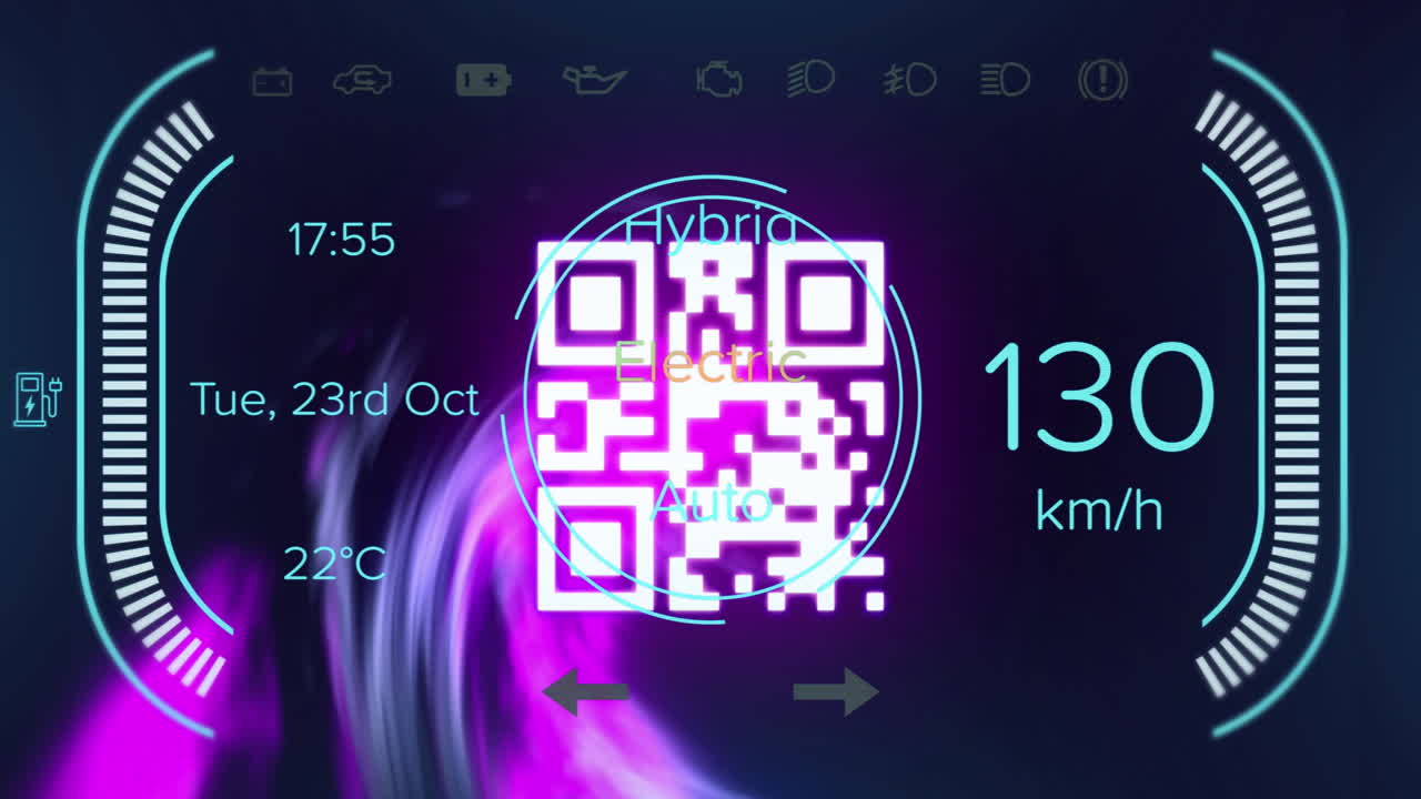 Animation of speedometer over neon qr code scanner and purple digital wave on black background