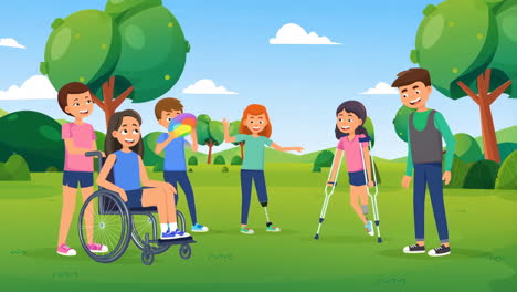 diverse group of children with disabilities playing together in a park