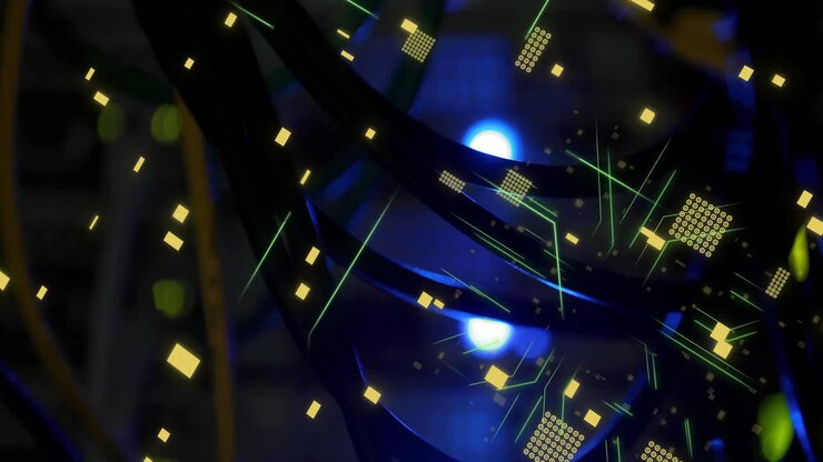 Animation of connections and data processing over black background