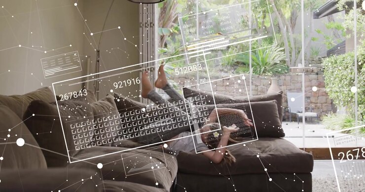 Girl entering open door, climbing sofa, rolling and resting while AR overlay aligning with cushions