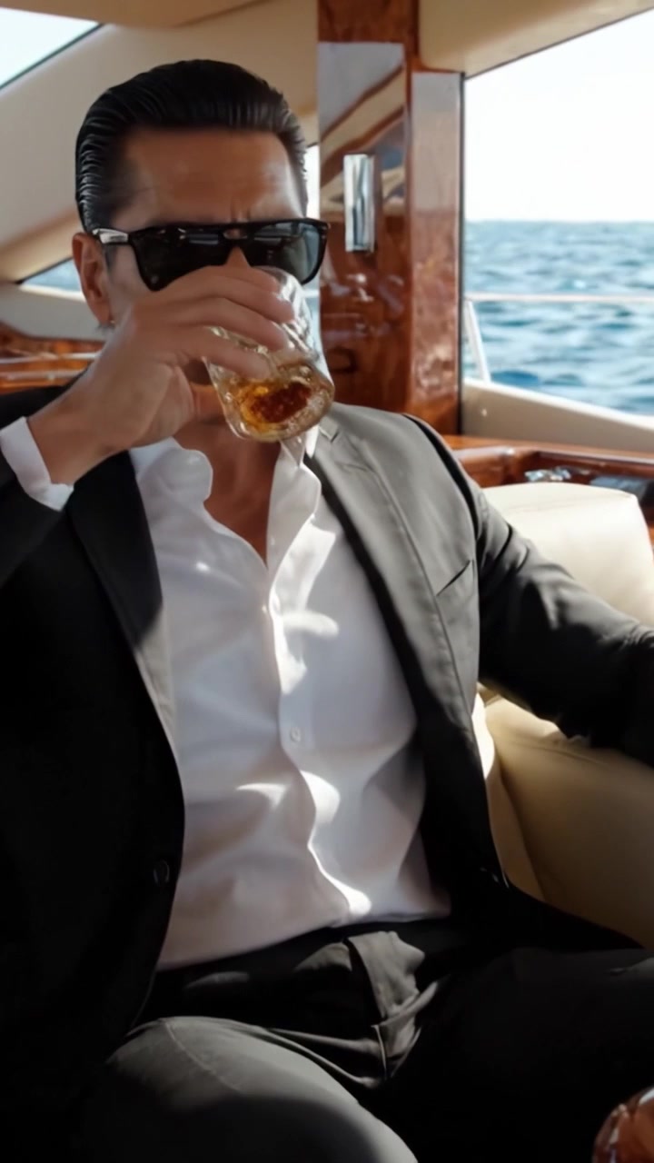 Sorbiendo con elegancia: Un individuo con estilo disfruta de un momento de relax en un yate de lujo mientras sostiene un vaso de whisky, abrazando la serenidad del mar abierto.