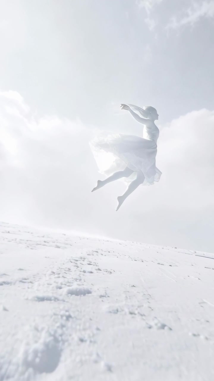 Video verticale: Donna che salta seguendo le impronte, librandosi su un pendio innevato, con il vestito che svolazza.