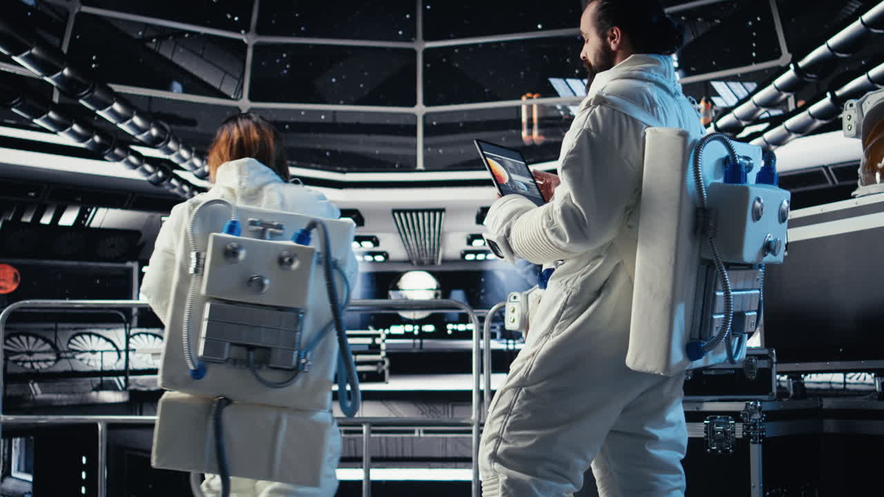 Cosmonaut troubleshooting spaceship hardware during mankind survival expedition