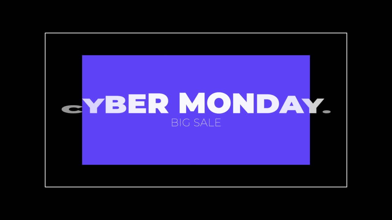 Teks intro animasi Cyber Monday dengan latar belakang fashion dan minimalis hitam dengan bingkai geometris biru