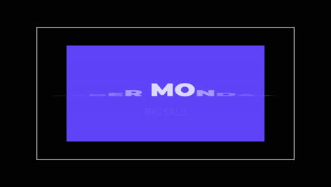 animation intro text cyber monday on black fashion and minimalism background with geometric blue frame