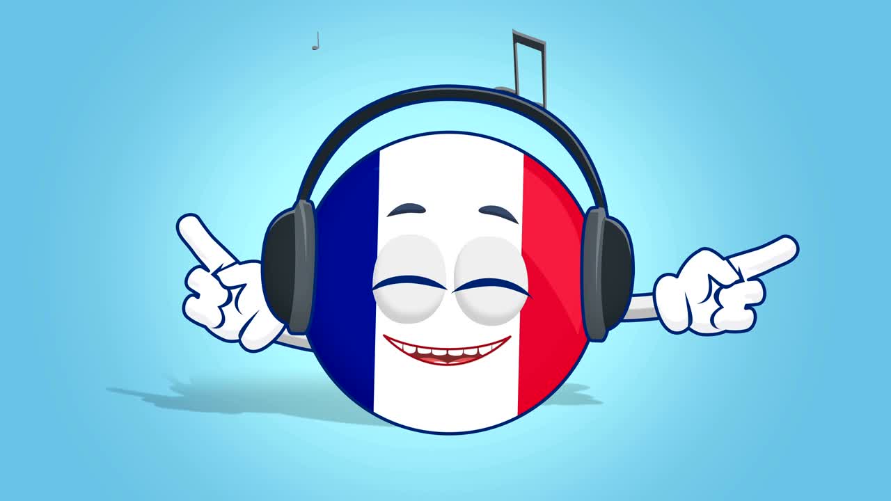 icono de dibujos animados bandera de francia escuchar música con animación de la cara con alfa mate