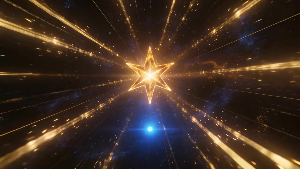 Un nucleo pulsante alimenta una stella dorata a sei punte, inviando strisce radiali nello spazio, mentre una sfera blu brilla sotto.