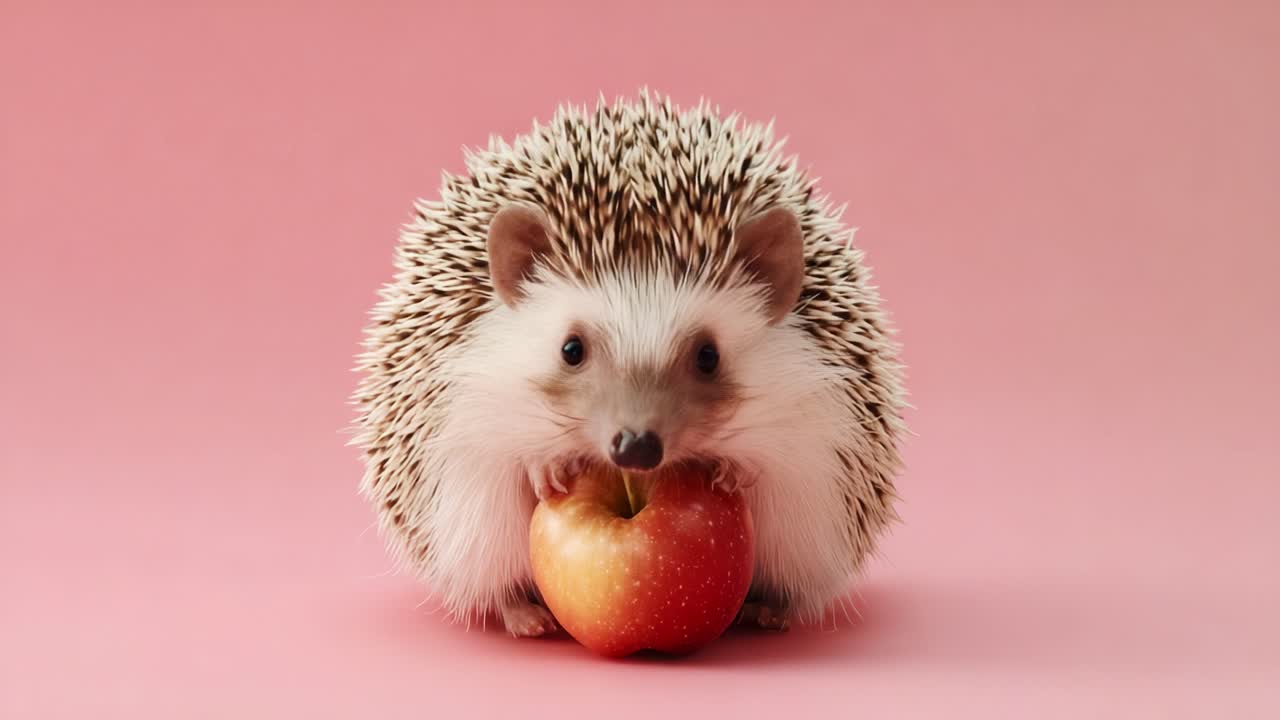 Ein bezaubernder Igel, der einen glänzenden roten Apfel hält und eine entzückende Interaktion zwischen einem kleinen Tier und seinem Lieblingssnack vor einem zarten rosa Hintergrund zeigt